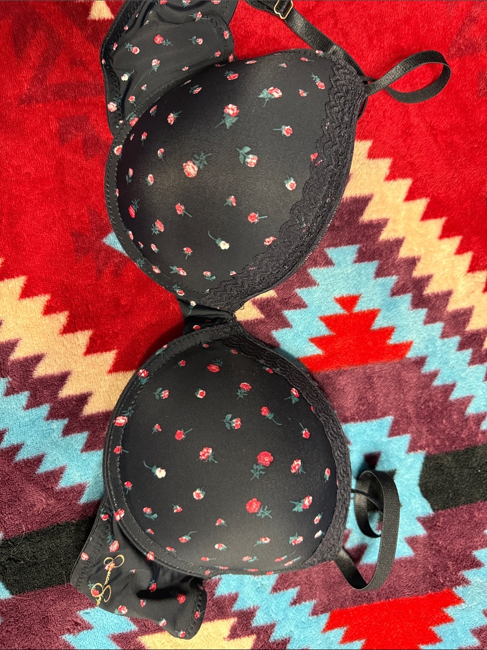 Jessica Simpson Black Bra with Red Floral Print and Lace Trim